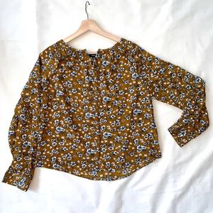 Fall floral print dark mustard blouse, size M